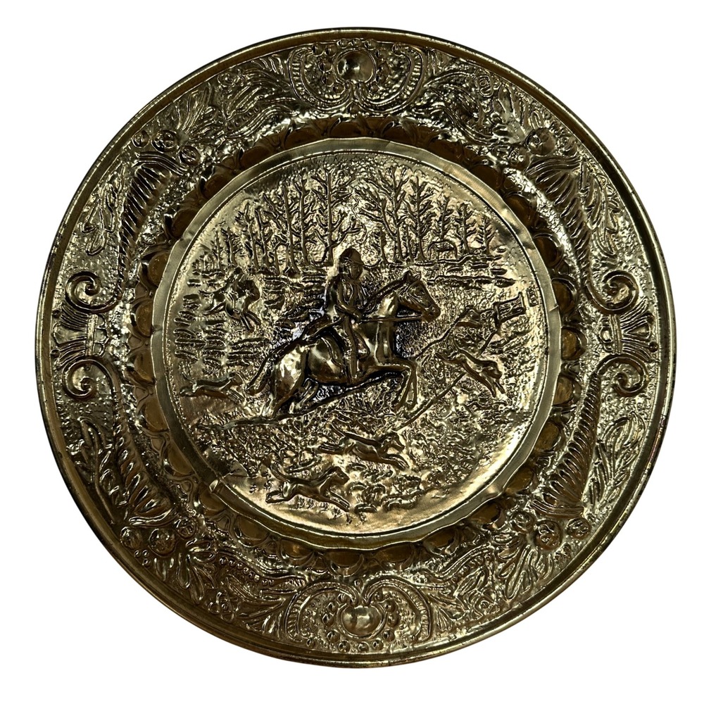 Vintage Brass Fox Hunt Wall Plate‎ Embossed Equestrian Scene 14" English Country
